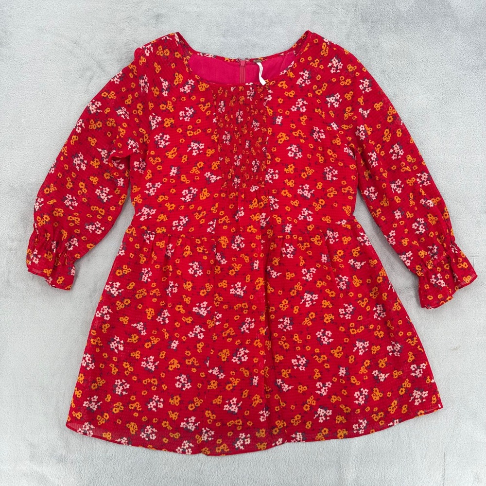 Free People Smocked Mini Dress Long Sleeve Womens Size 2  Red Floral Cottage